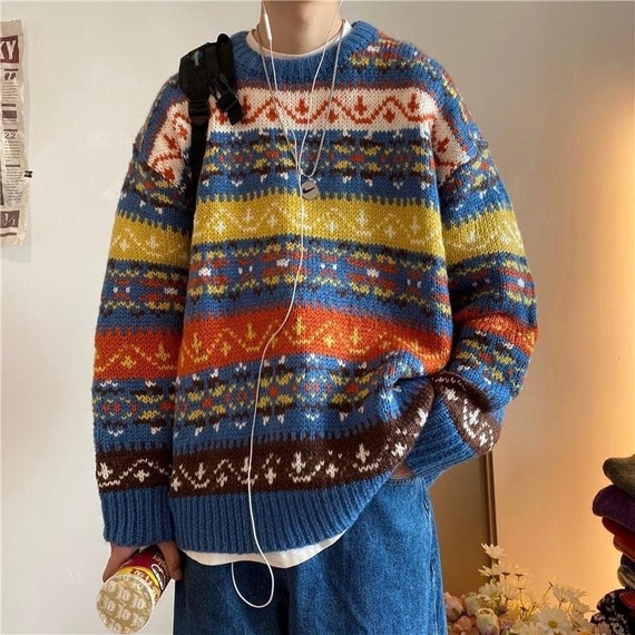 Men Long Sleeve Crew Neck Knitted Vintage Sweater Jumper 80s - Etsy