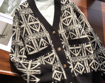 Men Long Sleeve V Neck Argyle Black Knitted Sweater Cardigan Knit Button Coat