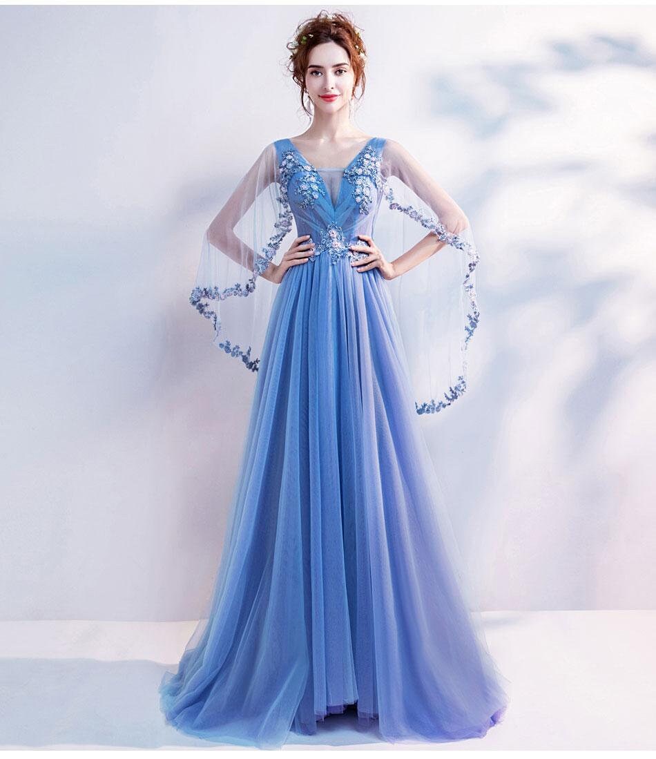 Embroidered Blue Gown Dress Flower Prom Dress Embroidery Etsy UK