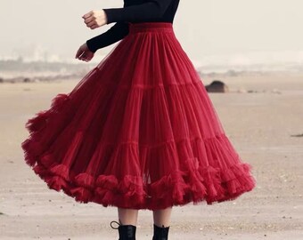 Women Red Mesh Skirt | Women Tulle Skirt | Women Prom Skirt | Tulle Maxi Skirt