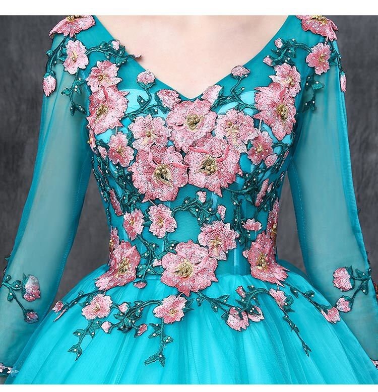 Blue Flower Ball Gown With Sleeves Embroidered Prom Dress - Etsy