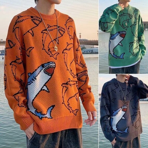 Men Long Sleeve Crew Neck Knitted Shark Sweater Jumper 80s 90s - Etsy Canada