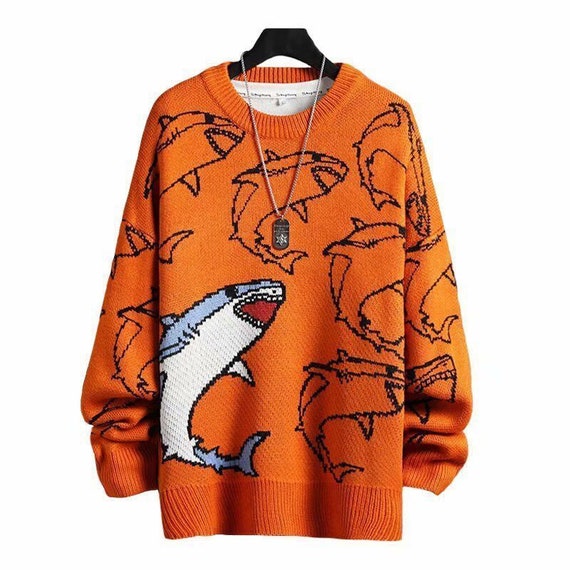 Men Long Sleeve Crew Neck Knitted Shark Sweater Jumper 80s 90s - Etsy  Denmark