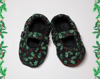Holly for the Holidays Handmade Baby and Toddler Mary Jane Shoes - Soft-Soled Slippers - Elastic Heel and Non-Skid Sole - 0-3mo to 4T