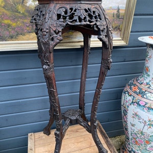 Indochinese side table made of yew wood with marble top Asiatika Asian Antiques 19th century flower column