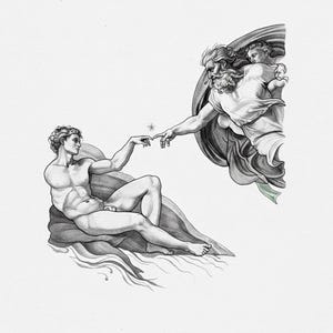 May include: Black and white illustration of Michelangelo's The Creation of Adam. The artwork depicts God reaching out to Adam, with a spark between their fingers. Adam is reclining on a draped surface, and God is surrounded by figures.