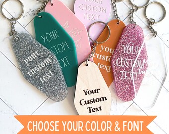 Double Sided Custom Text Hotel Keychain, Choose Your Font and Color Personalized Text Motel Style Keychain