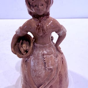 May include: A brown ceramic figurine of a woman wearing a bonnet and apron, carrying a basket. The figure has white highlights, and the basket seems to hold a small animal. The figurine has a vintage, handcrafted appearance.
