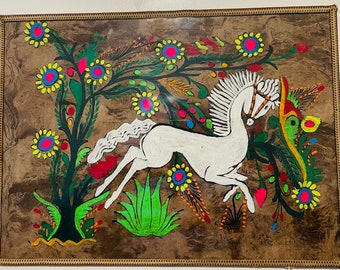 Mexican folk art amate bark painting: 1 ‘White horse & flowers’ (framed and glazed on felt backing)