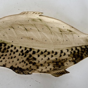 Könnte beinhalten: Eine keramische Servierplatte in Fischform. Die Platte ist überwiegend beige mit dunkelbraunen und schwarzen Akzenten. Die Oberseite des Fisches hat geätzte Linien und kleine schwarze Punkte, während die Unterseite ein gesprenkeltes Muster aufweist. Die Schwanzflosse hat blaue Details.