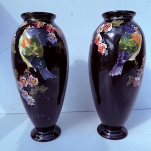May include: A pair of matching dark brown ceramic vases with a glossy finish. Each vase features a hand-painted design of a colourful bird perched on a flowering branch with pink and white blossoms, extending from the neck down to the base.