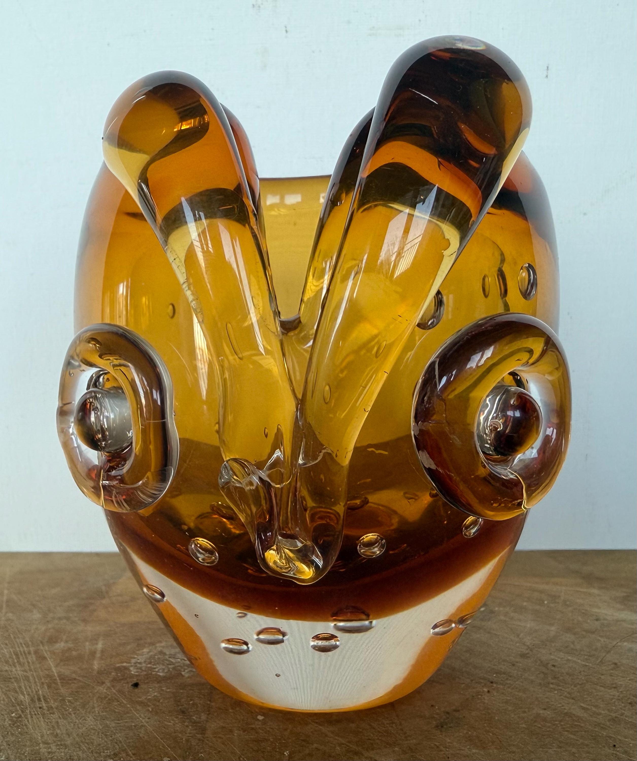 Amber owl paperweight or shallow vase: handmade Whitefriars (or Whitefriars style) in bubbled cased 