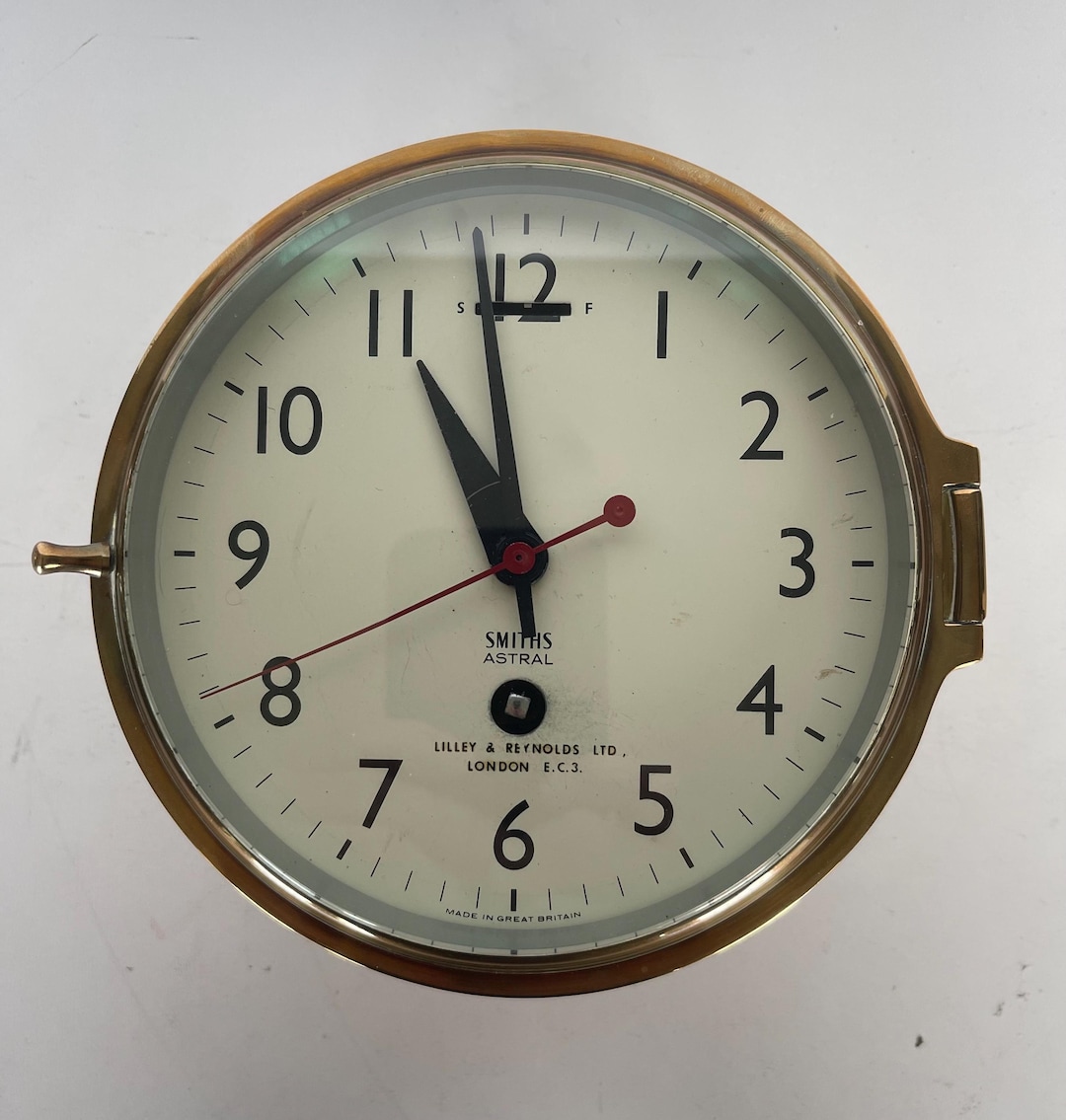 Smiths Astral Ships’ Bulkhead Day Clock by Lilley Reynolds Ltd in Brass  Casing With Rare Arabic Numeral Dial (1930s)