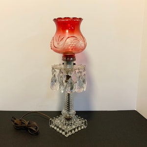 Scarlet Red Lamp with Crystal  Glass Prisms Decorative Base