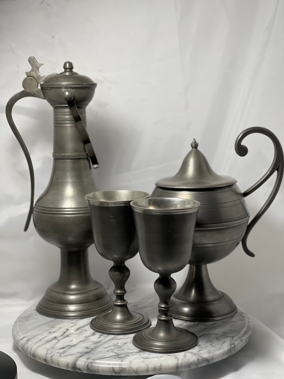 Pewter Wine Pitcher Set With Two Goblets Stamped Markings Etsy