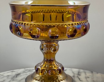 Carnival Glass Compote Vintage Indiana Amber Gold Kings Crown
