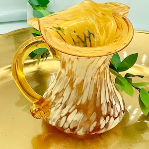 Honey Golden Yellow white speckled Hand Blown  colored Glass mini decor pitcher /creamer