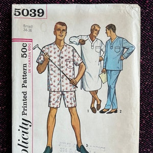 1960s Simplicity 5039 Vintage Men’s Pajamas Nightshirt Size Small Chest 34-36  Sewing Pattern Factory Folded