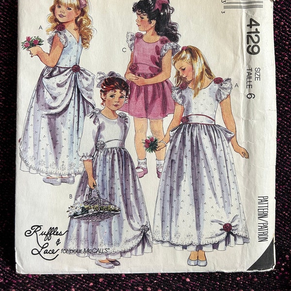 1980s Flower Girl Dress Gown Size 6 McCall’s 4129 Vintage Sewing Pattern Factory Folded