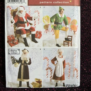 May include: A Simplicity Holiday pattern collection sewing pattern featuring four different Christmas costumes: Santa Claus, an elf, Mrs. Claus, and a Santa's helper. The pattern number is 4393.
