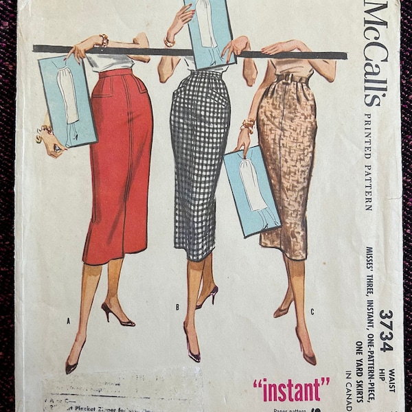 1950s Straight Skirt Waist 26 Hip 35 Factory Folded McCall’s 3734 Vintage Sewing Pattern