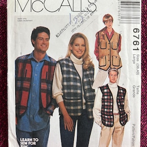 May include: McCall's sewing pattern for vests. The pattern features images of people wearing vests in various styles, including plaid and solid colors. The text on the pattern reads "LEARN TO SEW FOR FUN."