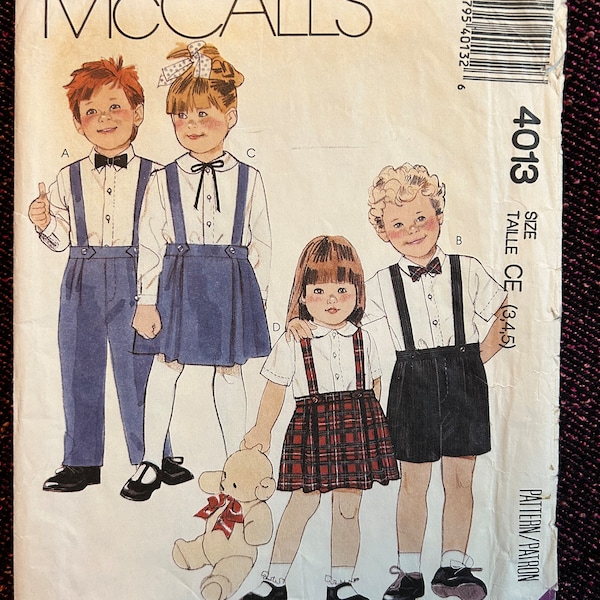 1980s Child Shirt Skirt Pants Shorts Suspenders Bow Tie Sizes 3, 4, 5 McCall’s 4013 Vintage Sewing Pattern Factory Folded