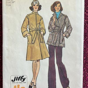 May include: Vintage Simplicity sewing pattern 6633 featuring two women's fashion designs. The pattern includes a coat and a jacket with matching trousers. The pattern is size 12, bust 86 cm, and includes 3 main pattern pieces. The Jiffy pattern is easy cut and easy sew.