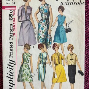 May include: Vintage Simplicity pattern 5398 featuring a 7-way wardrobe. The pattern includes illustrations of dresses and separates. The cover displays the text "Miss Size 14 Bust 34". The pattern is printed and includes the text "In Canada 75c".