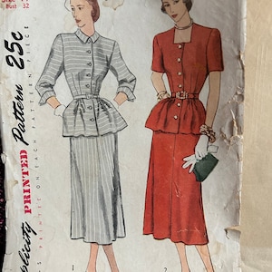 1948 Top and Skirt (two piece dress) Size 14 Bust 32 Simplicity 2393 Vintage Sewing Pattern