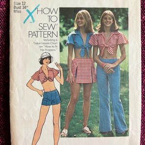 1970s Hip Hugger Pants, Midriff Top, Mini Skirt, Shorts Size 12 Bust 34 Simplicity 6352 Vintage Sewing Pattern