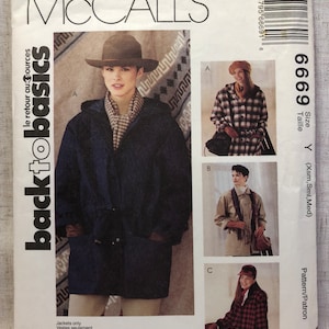May include: McCall's back to basics sewing pattern for jackets, size Y (extra small, small, medium). The pattern includes three different jacket styles: a blue jacket with a hood, a beige jacket with a collar, and a red and black plaid jacket with a collar.