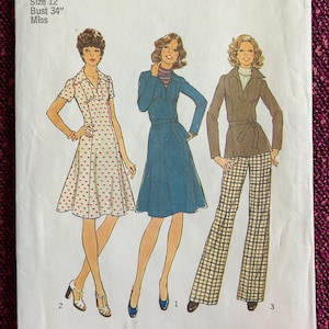 1970s Dress Top Pants Size 12 Bust 34 Simplicity 7177 Factory Folded Vintage Sewing Pattern