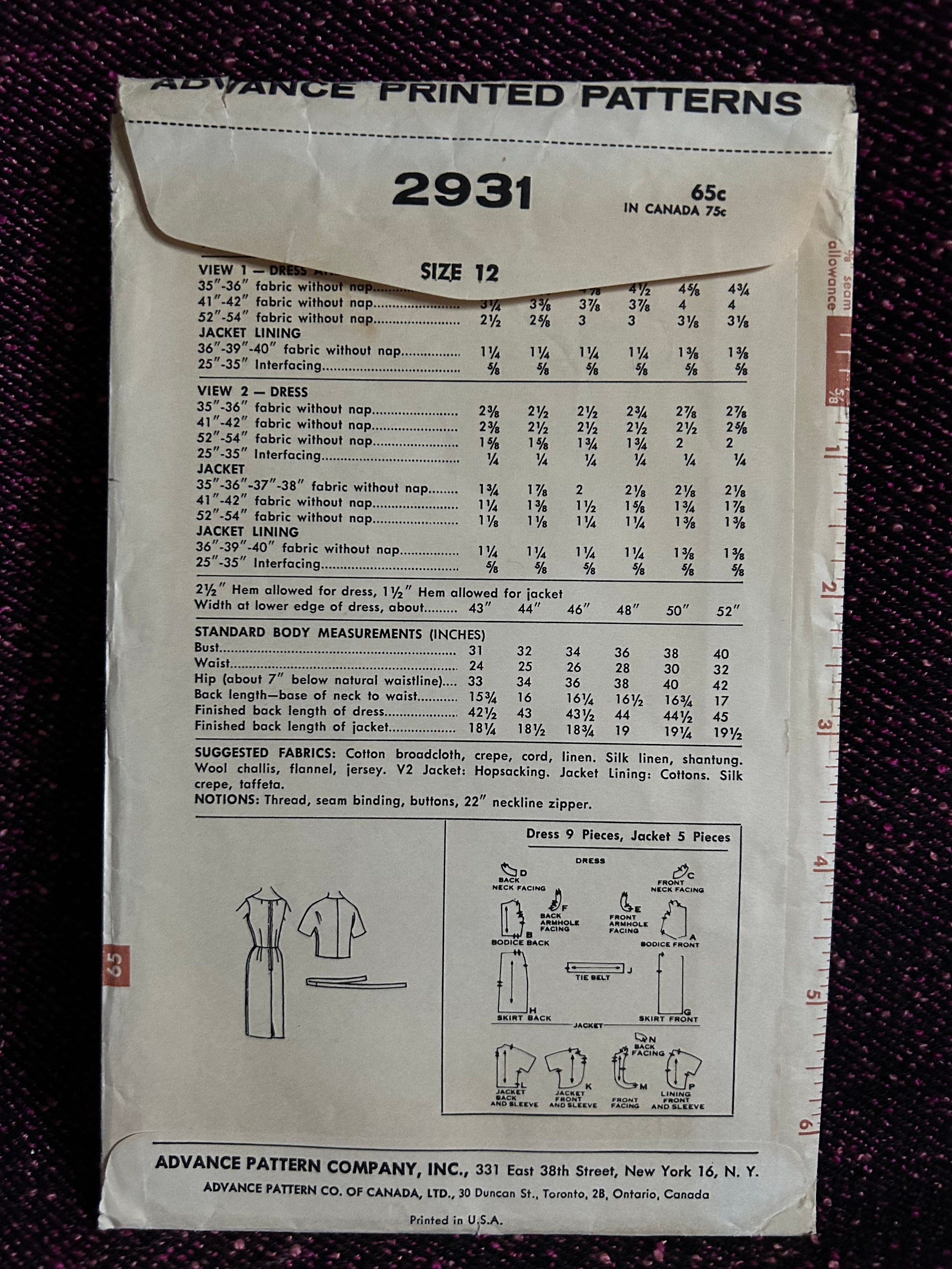 1960s Dress and Jacket Advance 2931 Size 12 Bust 32 Vintage Sewing ...