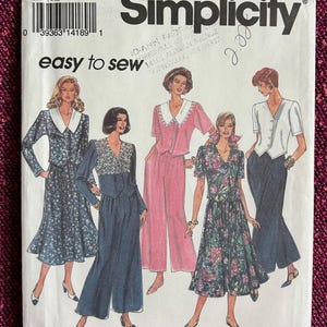 May include: Simplicity sewing pattern number 8480 for sizes WW (18-24) or EUR (46-52). The pattern includes four different styles of dresses and tops, all with a vintage aesthetic. The models are wearing a variety of floral prints and solid colors.