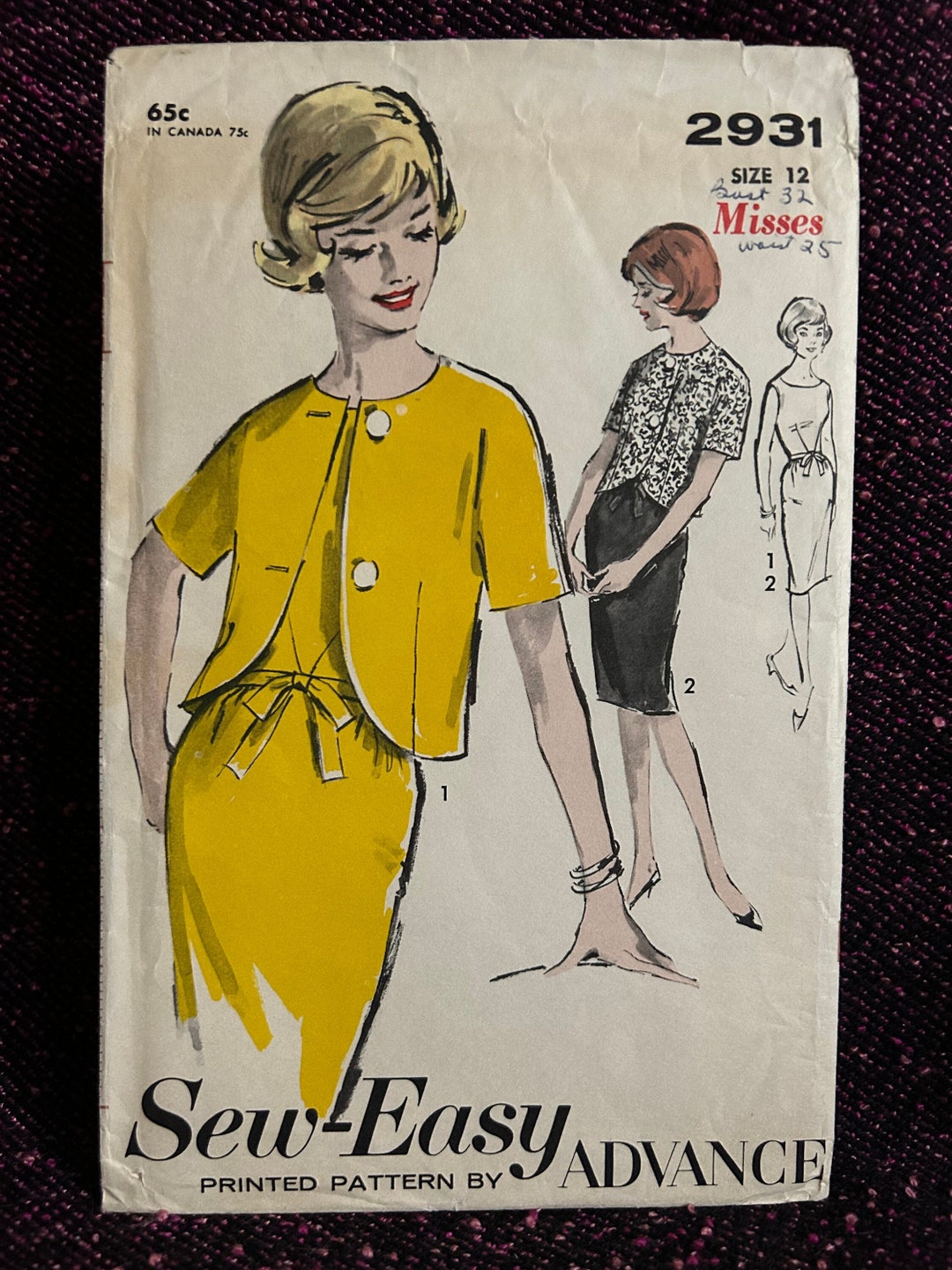 1960s Dress and Jacket Advance 2931 Size 12 Bust 32 Vintage Sewing ...