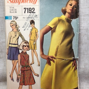 1960’s Two Piece Dress Simplicity 7192 Size 16 Bust 36 Vintage Sewing Pattern