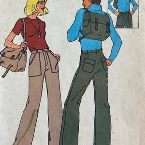 May include: Illustration of two figures in 1970s attire. One figure wears a red short-sleeve shirt, tan pants, and carries a tan satchel. The other figure wears a blue turtleneck, green pants, and a green backpack. A smaller image shows the same figure.