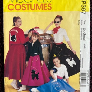May include: A sewing pattern for four 50s-style costumes. The pattern includes a poodle skirt, a bowling shirt, and a white shirt with a red scarf. The pattern is for sizes Ex-Small (4-6).