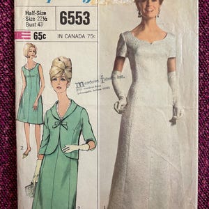 1960s Dress, Jacket, Wedding Gown Size 22-1/2, Bust 43 Simplicity 6553 Vintage Sewing Pattern