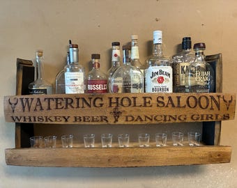 Reclaimed Bourbon Barrel Stave Shelf: Whiskey Display, Bar Decor