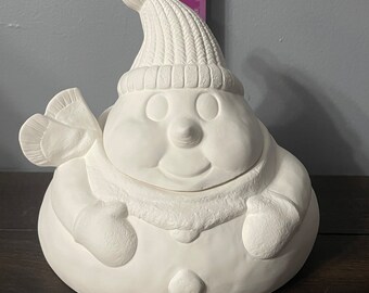 Klaar om te schilderen sneeuwpopkoektrommel, keramische bisque