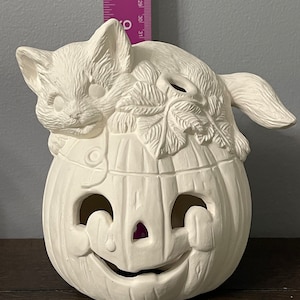 Ready to paint ceramic bisque, jack-o’-lantern with cat