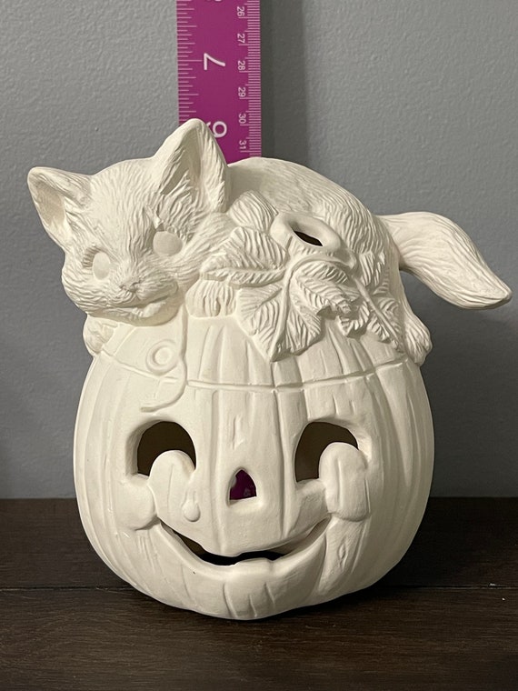 Ready to paint ceramic bisque, jack-o’-lantern with cat