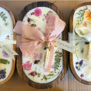 Wood dough bowl wildflowers candles customize your favorite scent and colors.