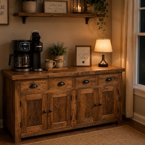 May include: A wooden coffee station with a coffee machine, framed signs, and a lamp. The signs read "Coffee Bar love is brewing" and "Good Coffee Good Mood". The cabinet has drawers and doors with black handles.