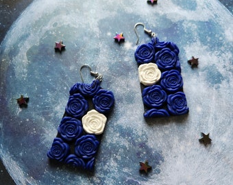 T.A.R.D.I.S Rose Collage Earrings - Polymer Clay Handcrafted TARDIS Doctor Who Nerdy Geeky Blue Box Fandom BBC Abstract Polymer Clay TV Show