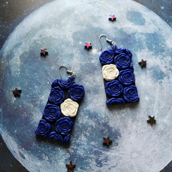 T.A.R.D.I.S Rose Collage Earrings - Polymer Clay Handcrafted TARDIS Doctor Who Nerdy Geeky Blue Box Fandom BBC Abstract Polymer Clay TV Show