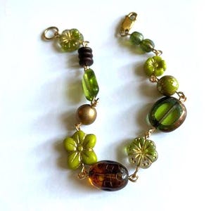 Czech Glass Shades of Avocado Green Flower Beaded Bracelet