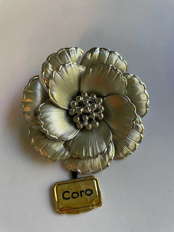 Vintage Coro Brushed Silver Flower Brooch - image 2